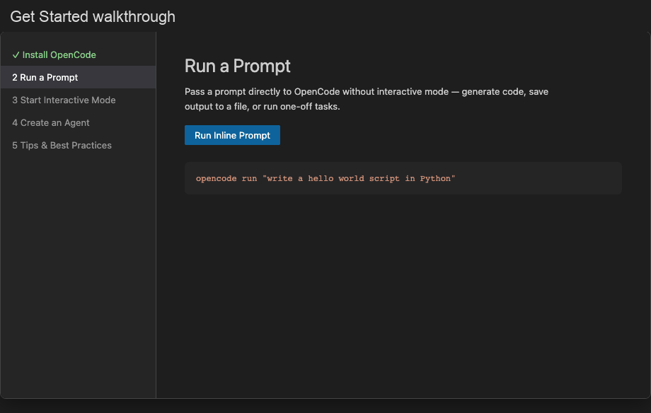 OpenCode Walkthrough demo — sidebar, quick actions, and panels