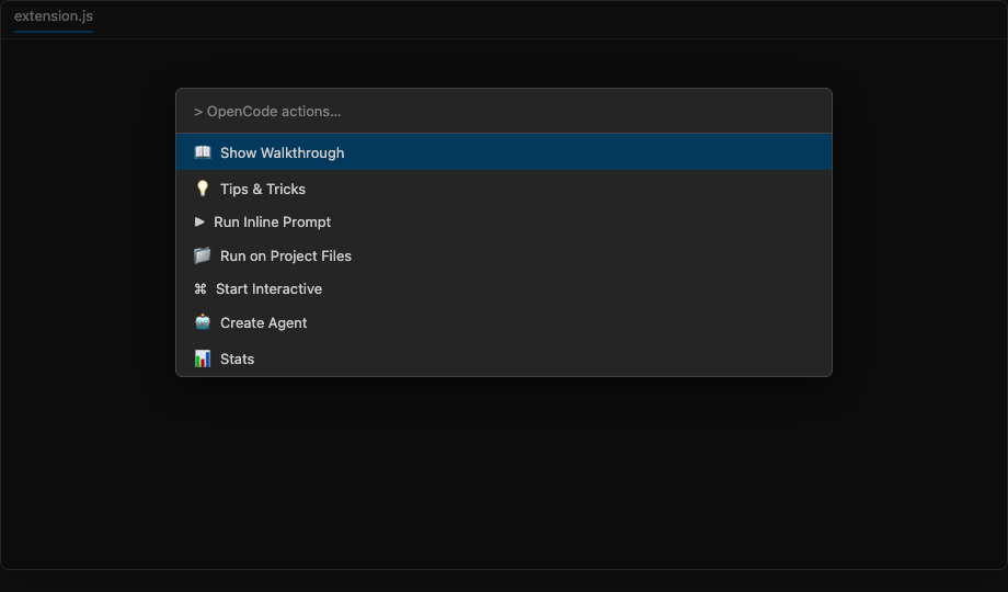 OpenCode Show Actions quick pick menu
