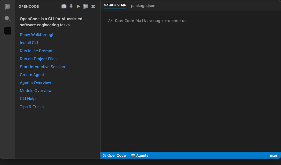 OpenCode sidebar overview with welcome actions