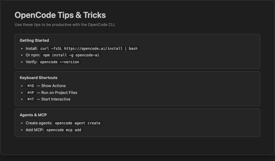 OpenCode Tips and Tricks webview panel